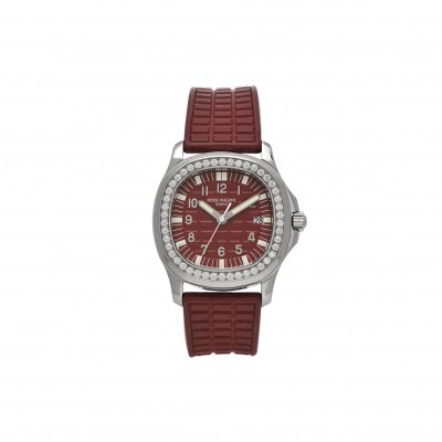 PATEK PHILIPPE STAINLESS STEEL RUBBER DIAMOND 37MM AQUANAUT QUARTZ WATCH BURGUNDY 5067A-010
